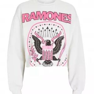 MadeWorn White and Pink Ramones Cropped Sweatshirt